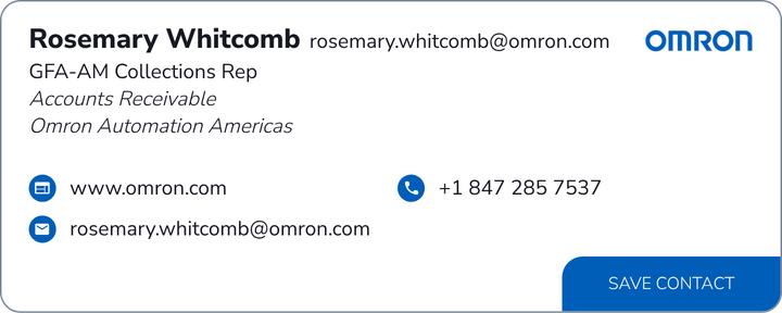 This is Rosemary Whitcomb's card. Their email is rosemary.whitcomb@omron.com. Their phone number is +1 847 285 7537.
